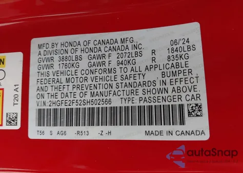 2025 Honda Civic Sport from USA, damaged, VIN 2HGFE2F52SH502566